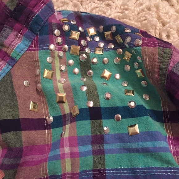 🚨 EUC Justice plaid shirt girls sz 14 Great condition jeweled shoulders - Picture 2 of 3